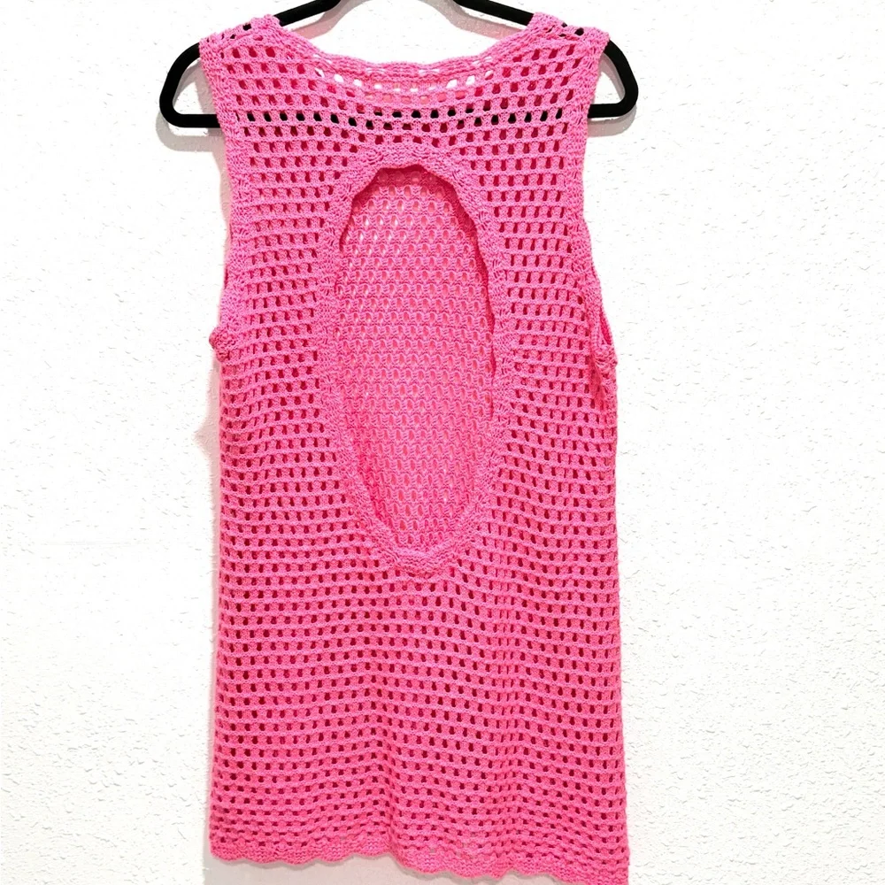 Sleeveless Pink‎ Crochet Swim Cover-Up Tunic S